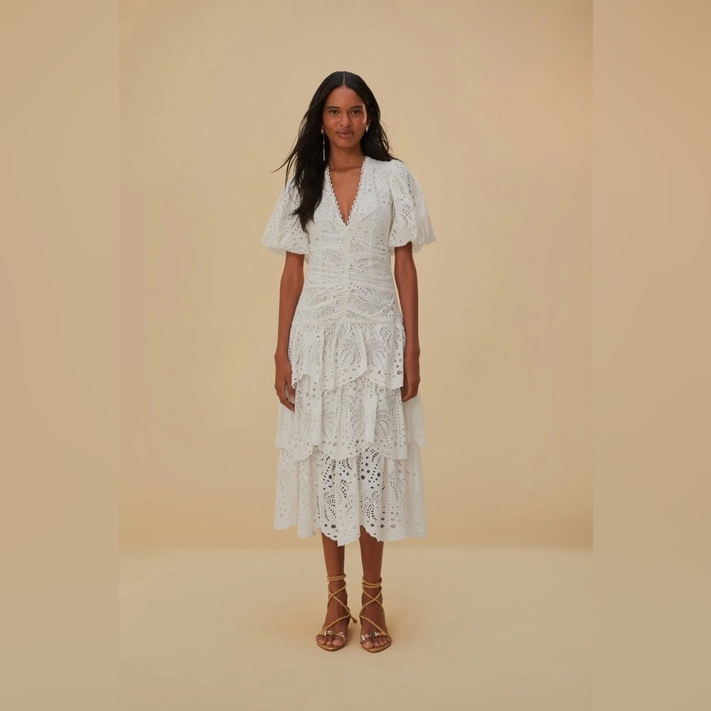 NWT Farm Rio White Cotton Midi Eyelet Dress Puffed Sleeve